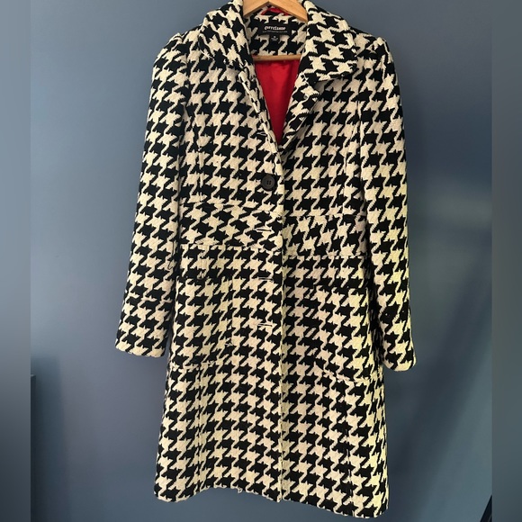 VGUC Size M Long Houndstooth Black & White Wool Single Breasted Pea Coat Jacket - Picture 1 of 3